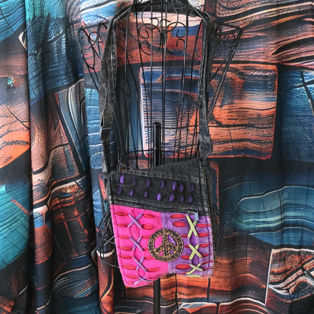 Colorful Patchwork Shoulder Bag Made In Nepal 100% Cotton (Travis-6) 8.5x10.5x3